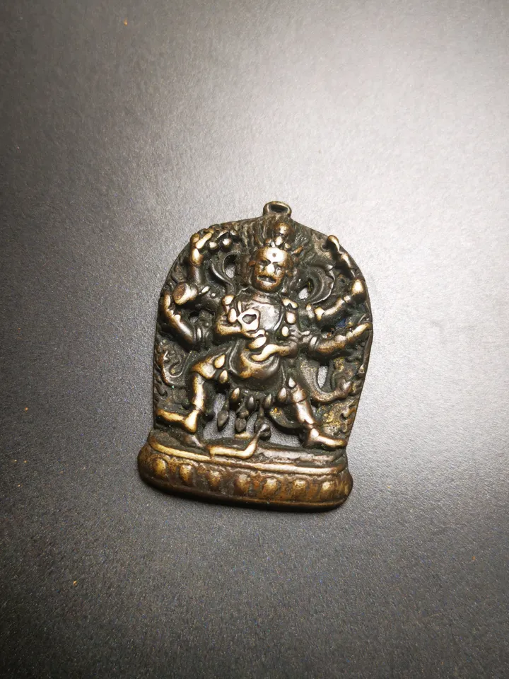 Gandhanra Antique Tibetan Thokcha Amulet Pendant,Mahakala, Buddhist Protector Deity, Made of Thunder Iron