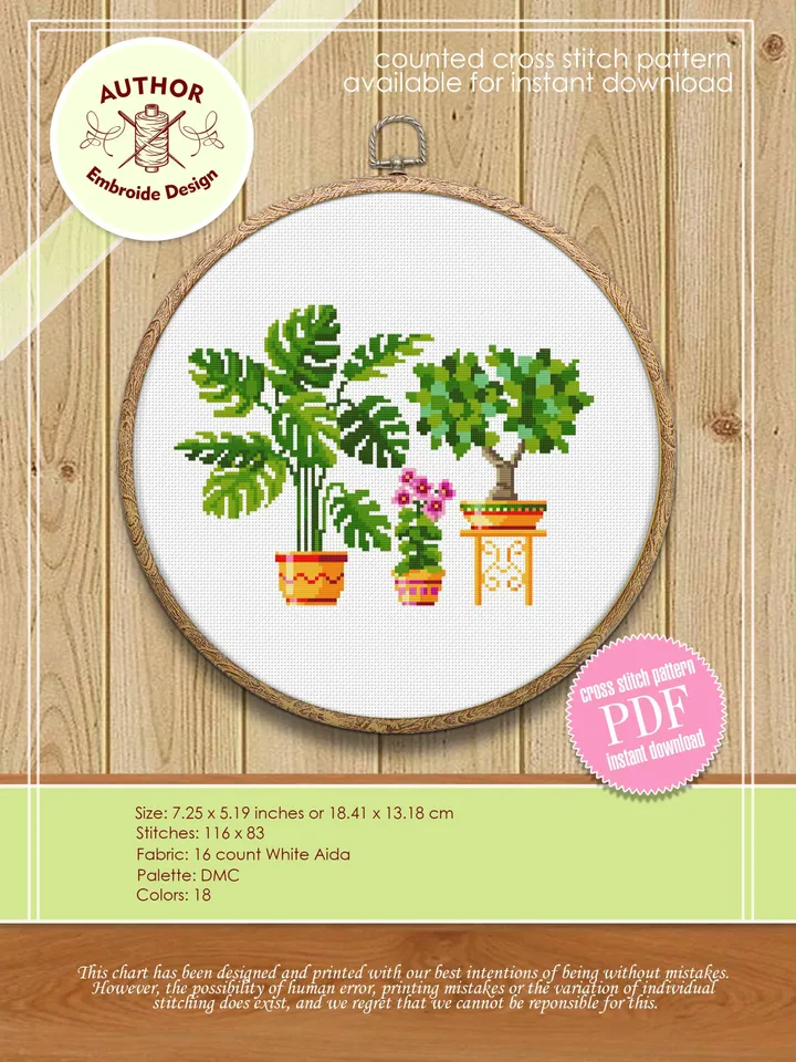 Potted house plants cross stitch pattern download PDF Floral cross stitch sampler, Monstera plant embroidery PDF, Plant lover gift #P11