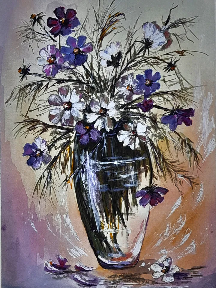 Watercolor drawing of lilac pink flowers in a vase 21x30 cm (8.3 х 11,7 inches)