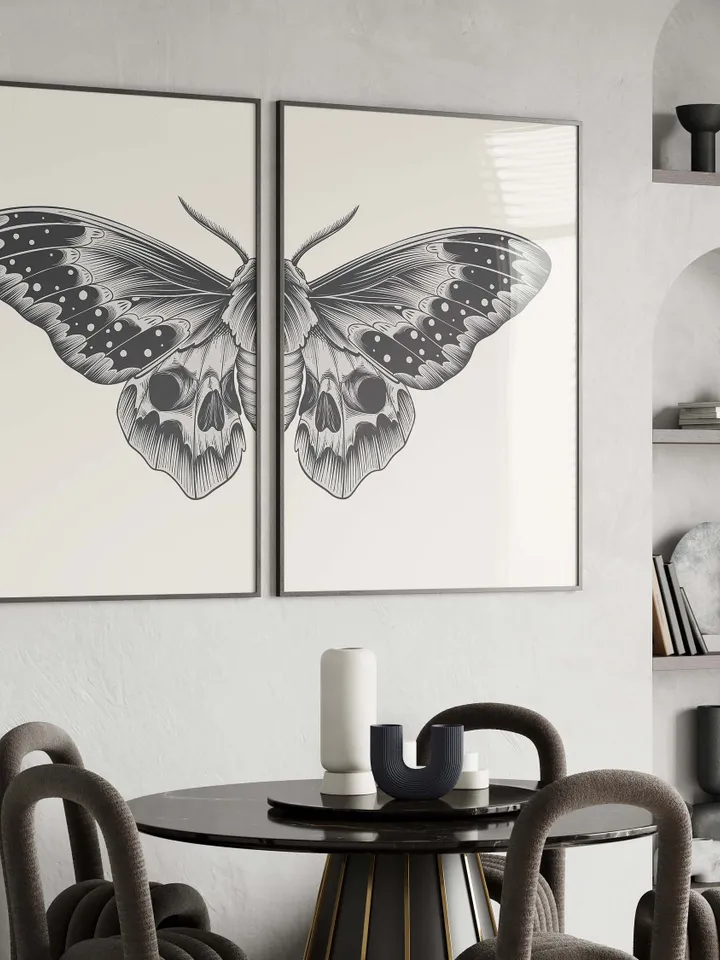 Black Sketch Butterfly Printable Wall Art Set of 2, Butterfly Print Digital Download, Split Butterfly Wings Art Print, Bedroom Wall Art