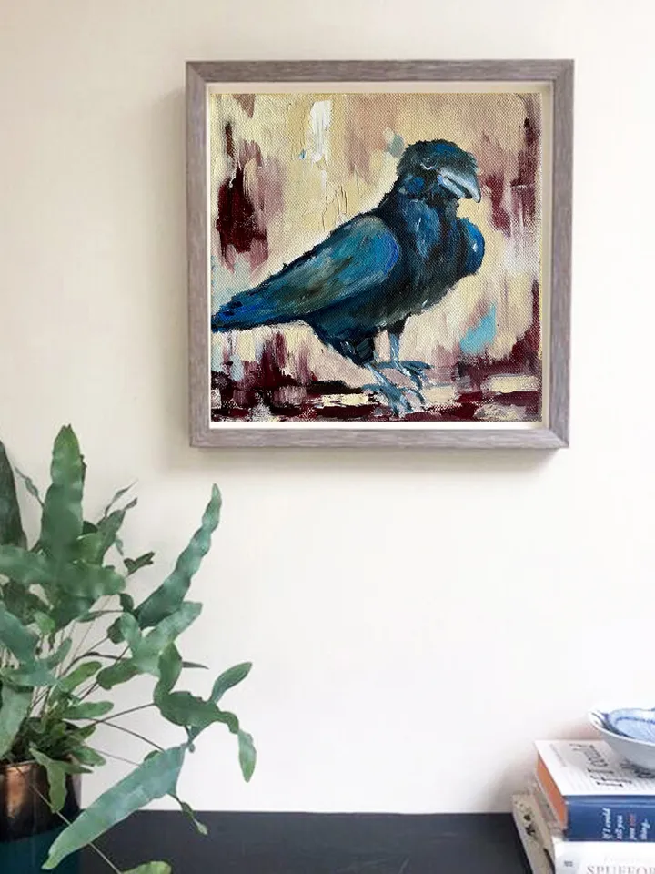 Crow painting, Original bird oil painting on canvas,  Raven wall art, Small animal artwork