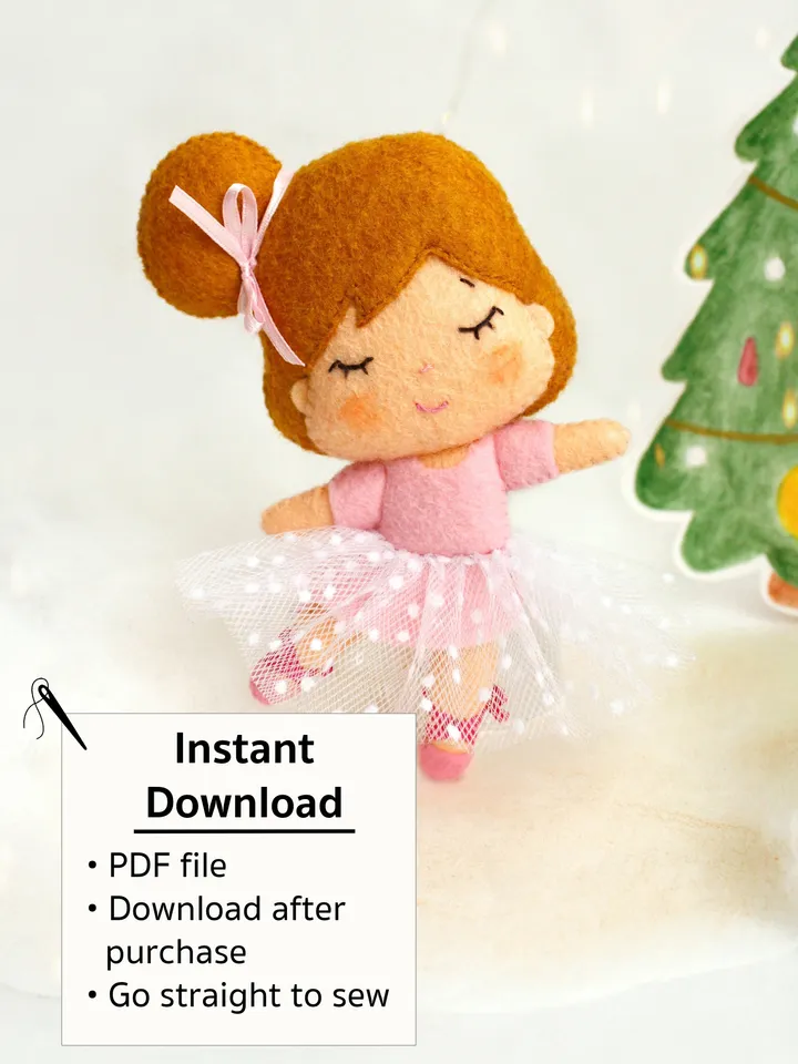 Felt ballerina hand sewing PDF tutorial with patterns. Christmas tree ornament. Soft doll pattern
