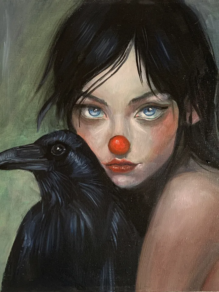 Mysterious Clown Girl with Raven – Oil Painting on Canvas 14×16 in by MyFoxyArt