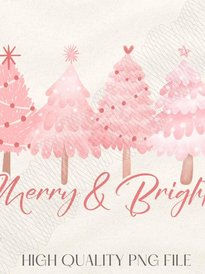 Merry & Bright PNG Sublimation File, Pink Pastel Christmas Sublimation Digital Download, Hand Drawn Christmas Trees, Pretty Pink Christmas
