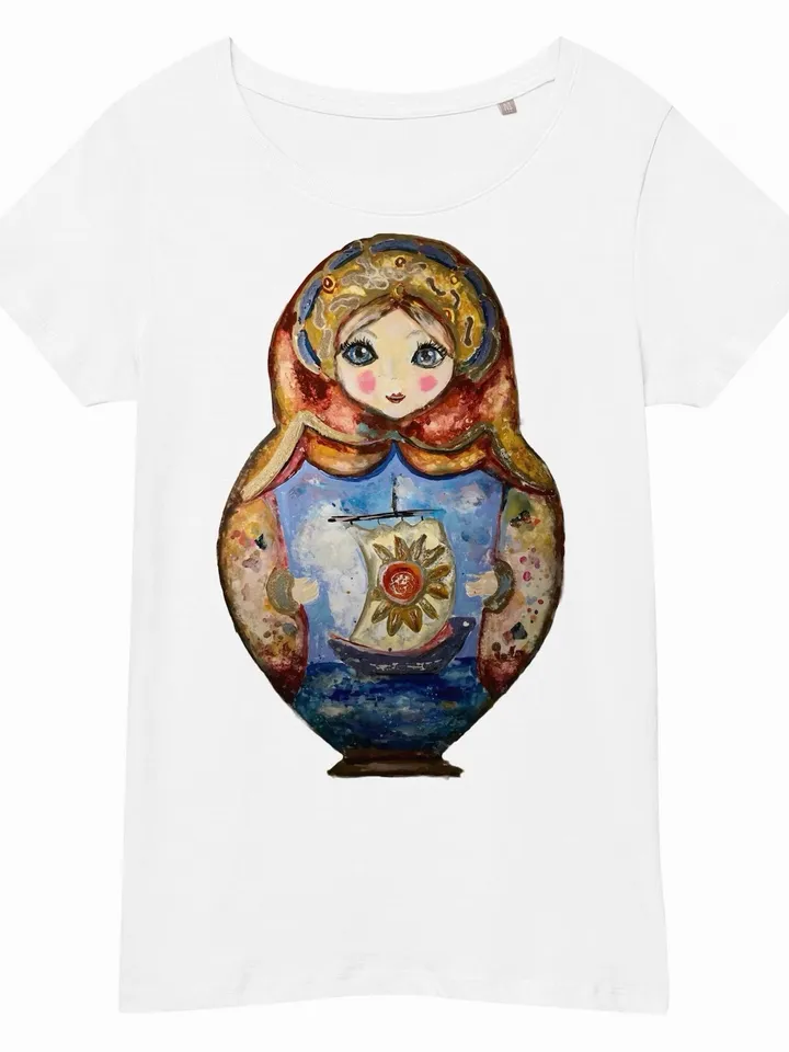 Russian doll Women’s basic organic t-shirt,unique design made from my original mix media painting ,matryoshka gifts.