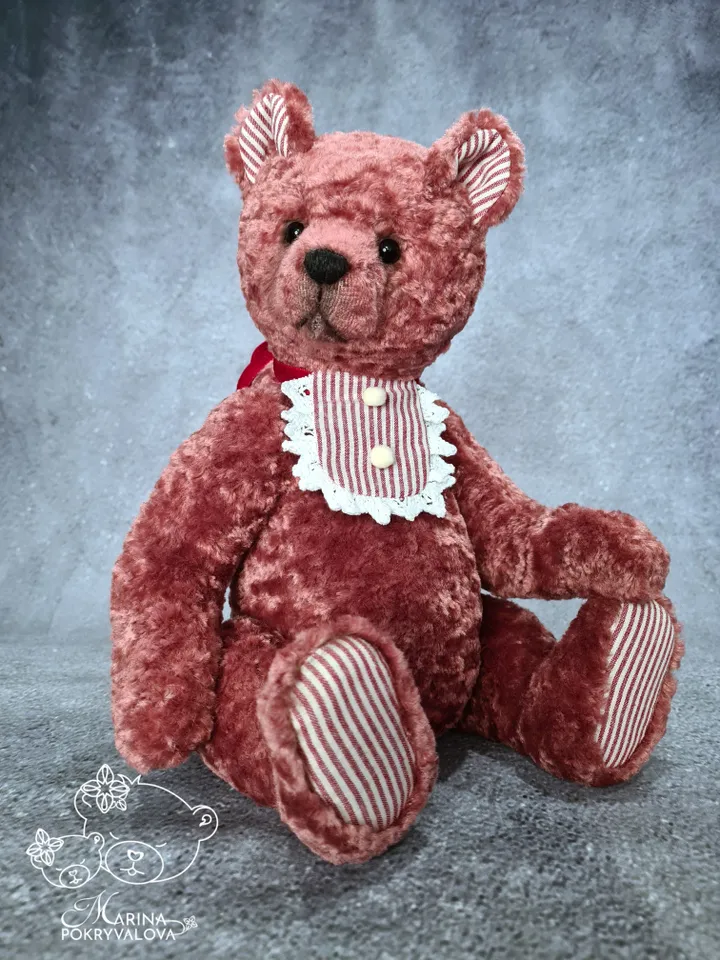 Handmade teddy bear. 34 cm plush bear toy. Dark pink teddy bear birthday gift.