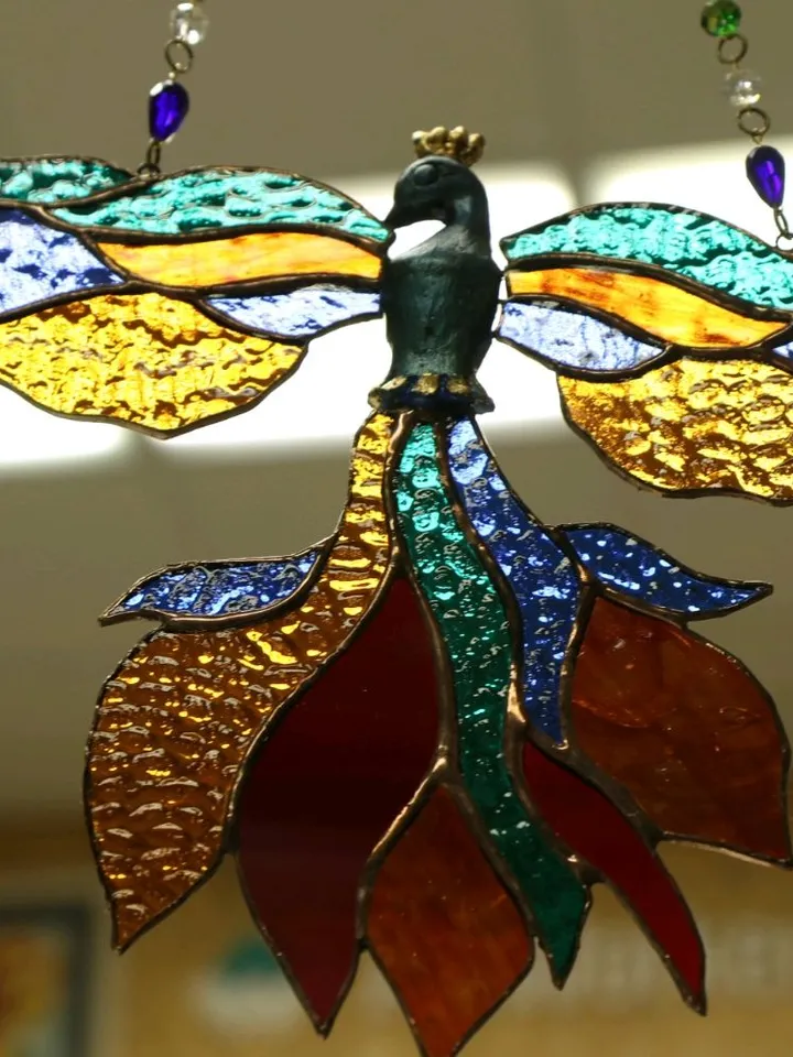 Stained Glass Art: Bird of Paradise, Stained Glass Paradise Bird, Fantasy Phoenix Stained Glass, Mystical Peacock Suncatcher, Stained Glass Firebird, Enchanted Bird of Happiness, Vibrant Stained Glass Bird, Celestial Stained Glass Bird