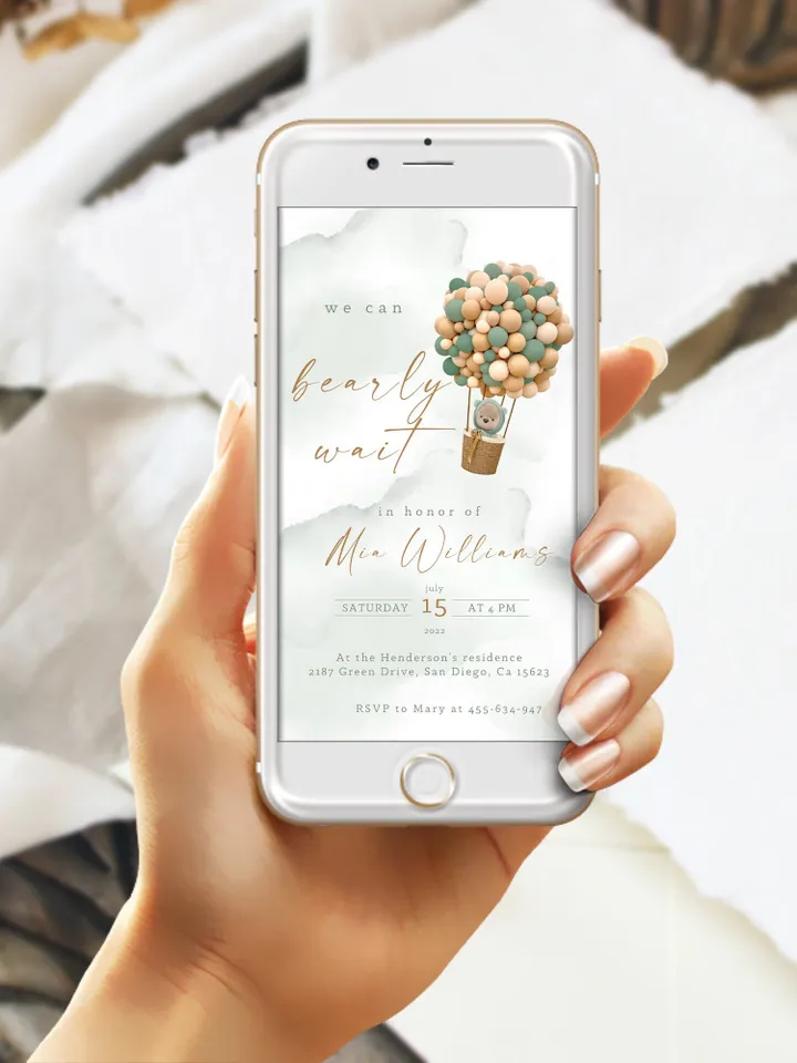 Teddy Bear Hot Air Balloon Baby Shower Digital Invitation; We can bearly wait; Editable Teddy Bear Ballons Baby Shower Smartphone Invitation