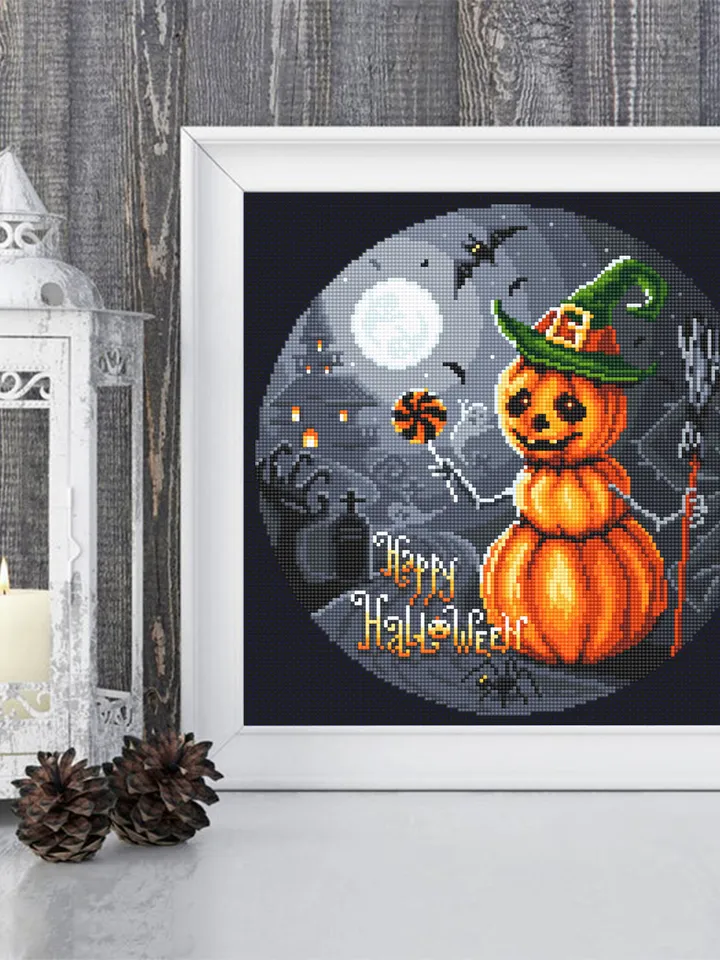 Happy Halloween cross stitch pattern download PDF Snowman pumpkin cross stitch chart, Spooky Halloween embroidery PDF, Gothic decor #H44