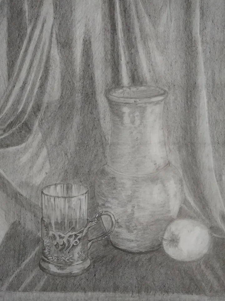 Still life pencil drawing coaster apple fabric vintage paper 12x8 inches