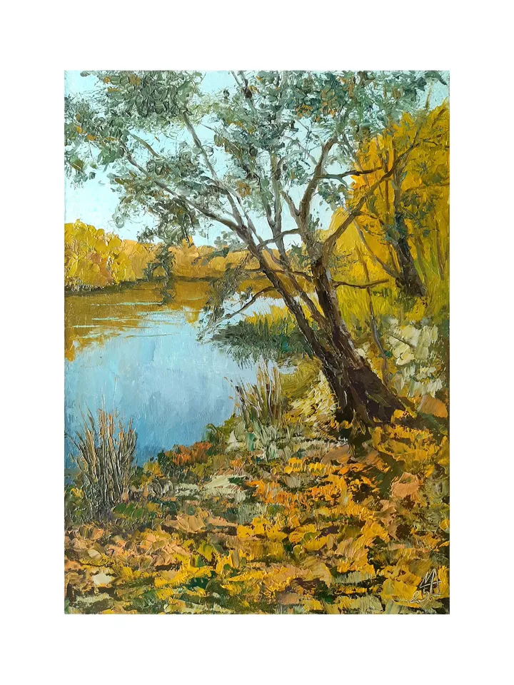 Autumn Lake Painting 12x8,5" Fall Trees Landscape ORIGINAL ART Impressionist Artwork hand painted by artist Marina Chuchko