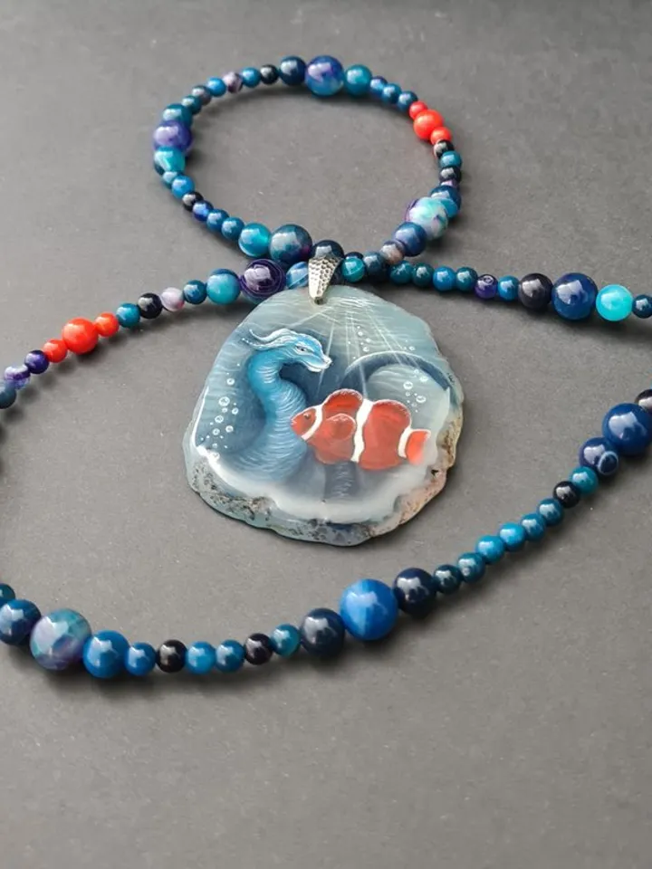 Dragon necklace Blue Dragon on Agate Stone charm Christmas Gift Wrapping
