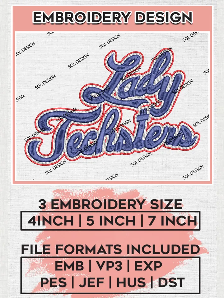 NCAA Lady Techsters Team Logo Embroidery Design Files, NCAA Louisiana Tech Bulldogs Machine Embroidery, NCAA Teams, Game Day, 3 sizes, NCAA Machine embroidery designs, Digital Download