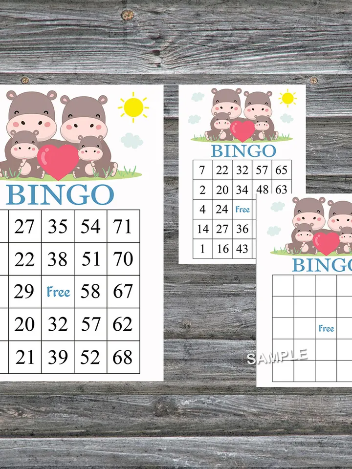 Funny Hippo bingo cards,Hippo bingo game,Safari animals printable bingo cards,60 Bingo Cards,INSTANT DOWNLOAD--290