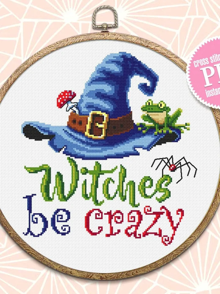 Witches be crazy cross stitch pattern download PDF Halloween witch cross stitch chart, Cute Halloween pattern digital PDF Witches decor #H47