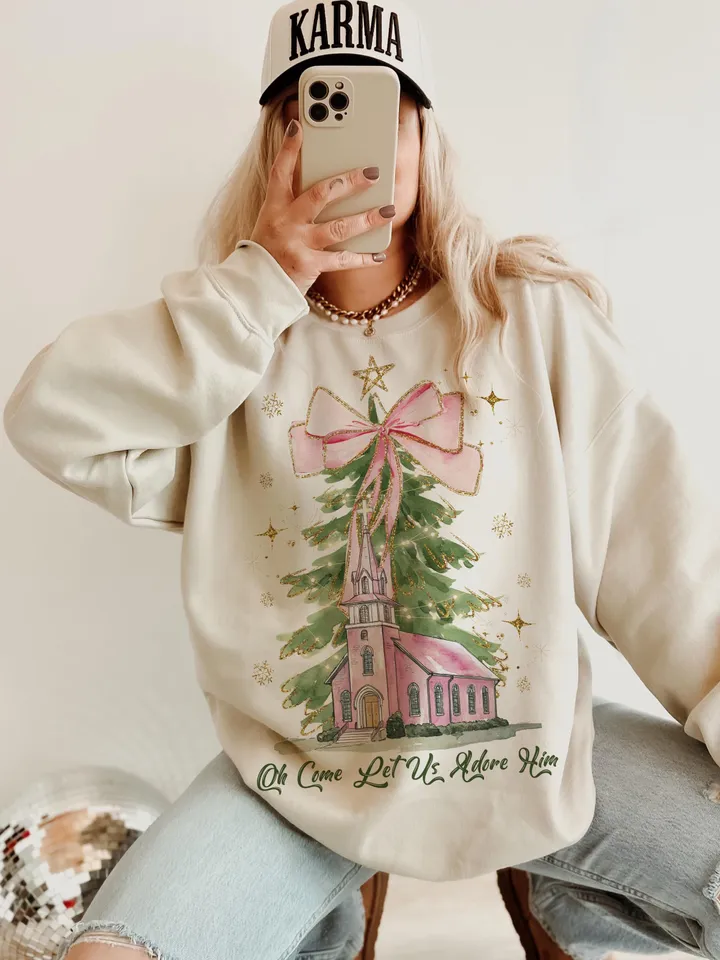 Oh Come Let Us Adore Him Png, Watercolor Christmas Tree Girly, Jesus Christmas Coquette Bow Tree Png, Christmas Lights Hand Drawn