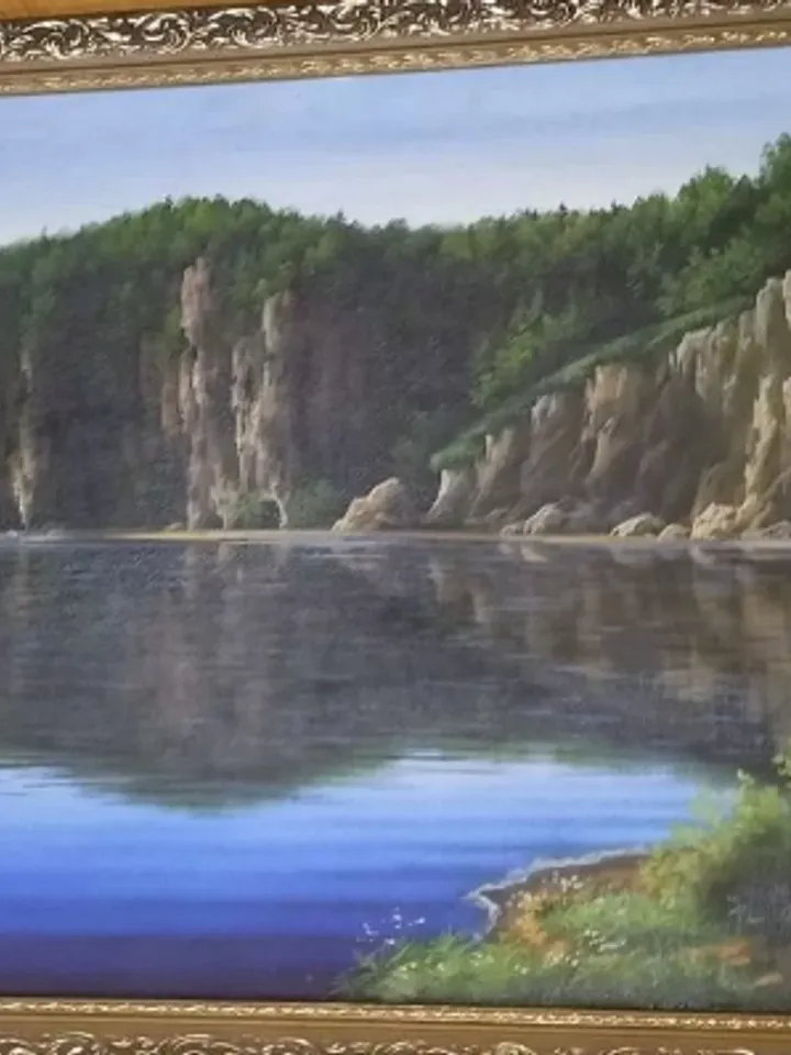 Painting on canvas "Mountain place", oil, size 107x57 cm, framed