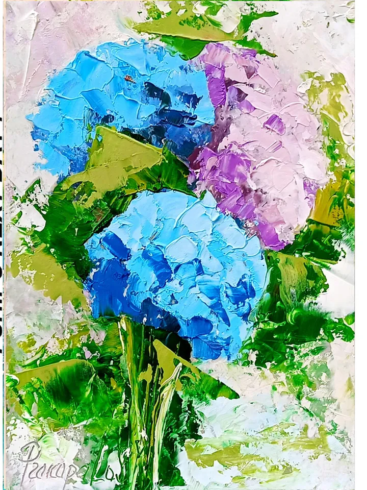 Hydrangea Painting Flower Original Art Abstract Floral Wall Art Chunky Small Oil Painting Impasto Impressionist Artwork home gifts 7x5 in