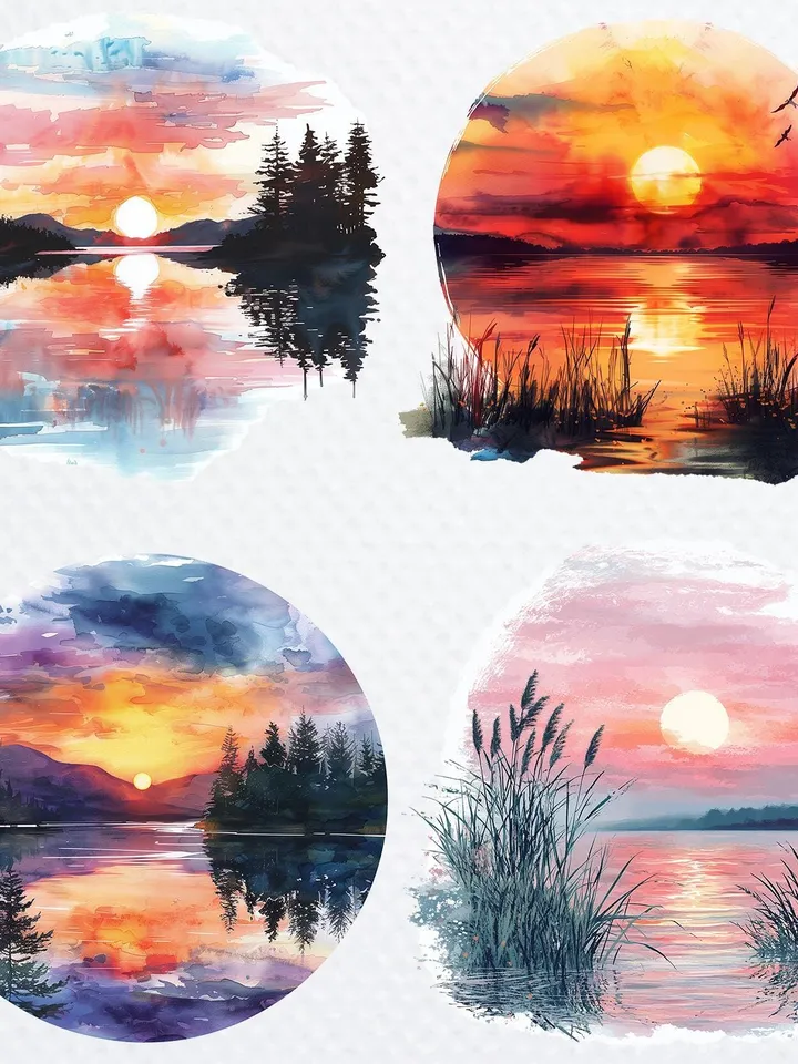 20 Sunset over Lake PNG Clipart Bundle, Lake Sunset clipart, Printable Watercolor Sublimation clipart, Digital download, Paper craft