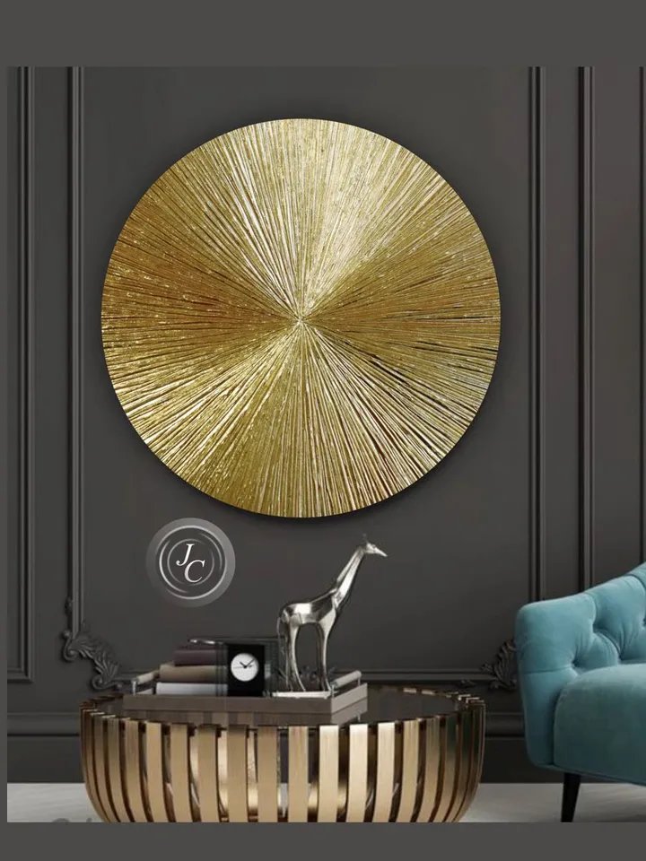 Golden Rays Abstract Wall Art Textured Original Painting on a round canvas | Gold Metallic Modern wall decor Gold Leaf Art