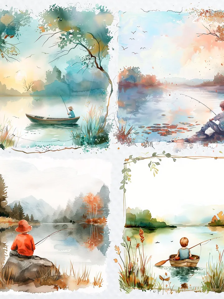 20 PNG Kid Fishing Clipart Bundle, Little Boy Fishing, Watercolor clipart for sublimation , Digital download, Paper craft, Junk Journal