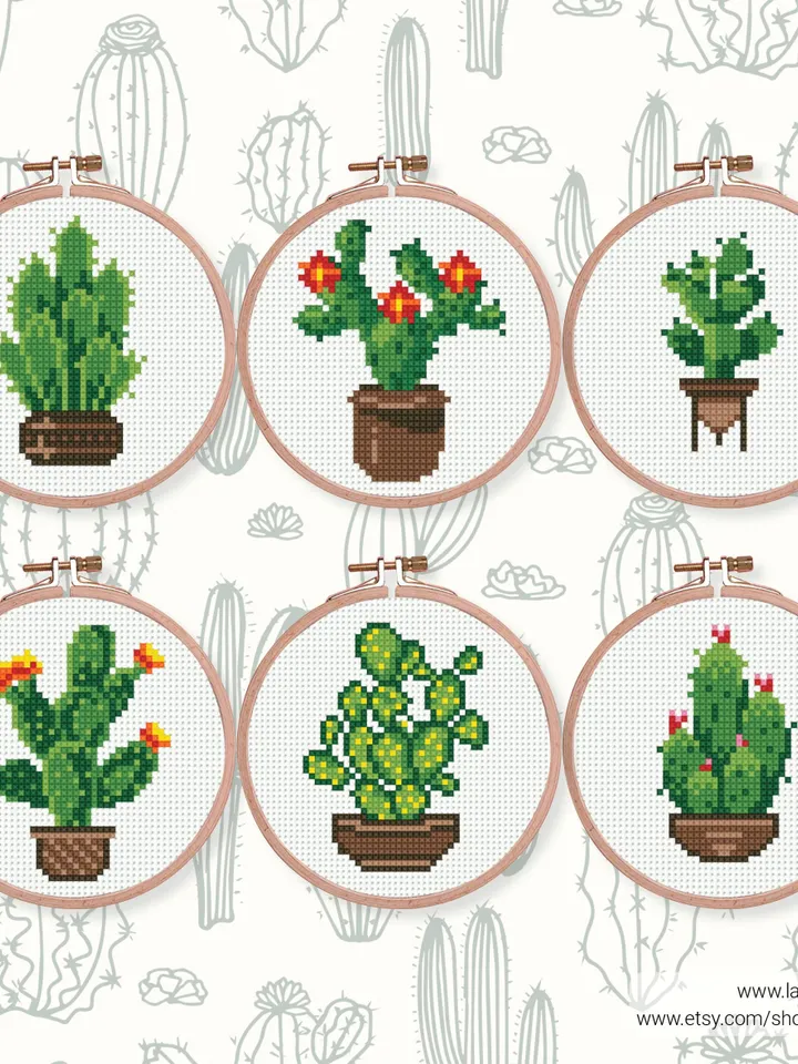 Bundle mini cactus 6 Cross stitch patterns, contemporary plant, Abstract, Floral, beginner, modern chart, gift DIY, embroidery, instant PDF