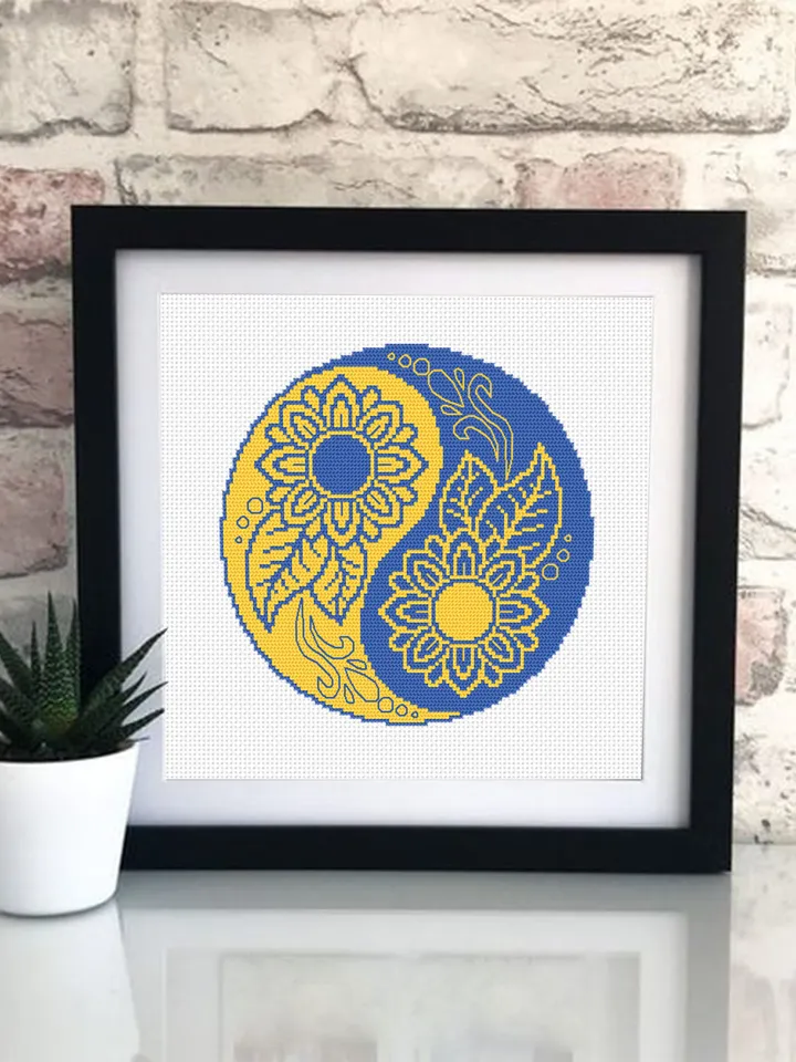 Yin yang mandala cross stitch pattern download PDF Ukraine sunflower cross stitch chart, Small flower mandala digital pattern PDF #M219