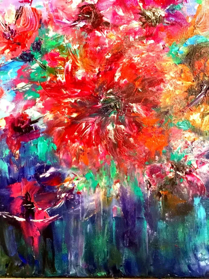 Flowers oil painting,Abstract red flowers on blue background, original oil painting on stretched canvas,handmade unique gift home decor.