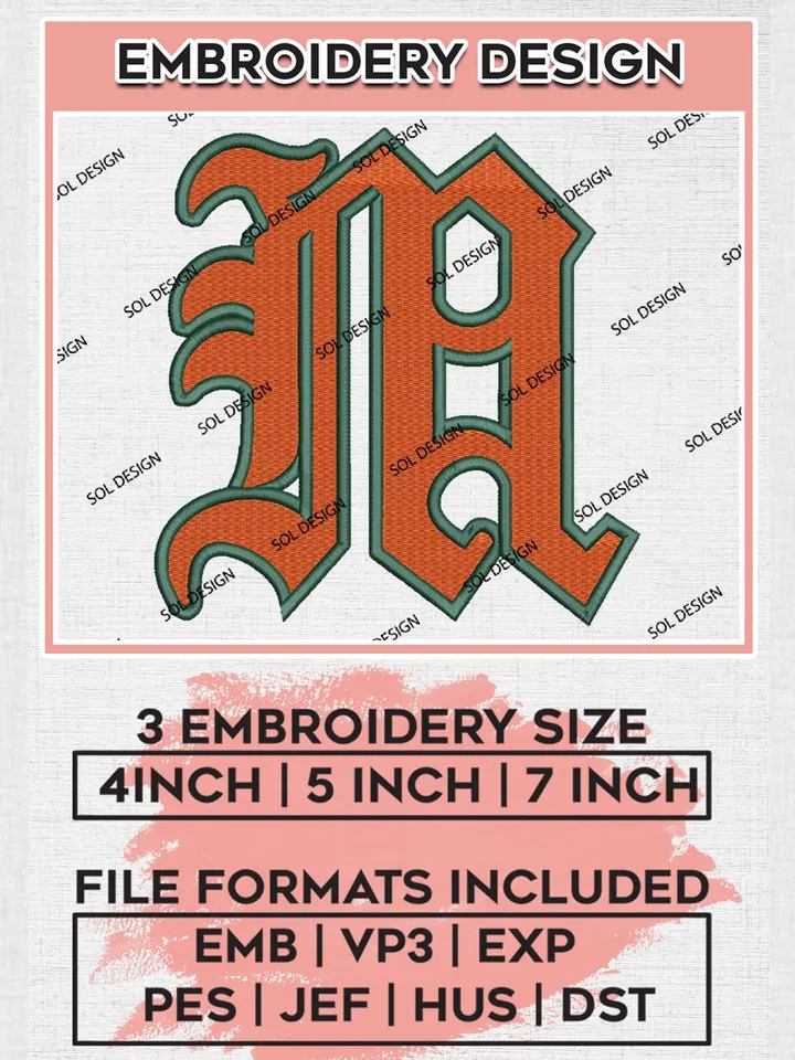 NCAA Miami Hurricanes Team Letter Logo Embroidery Design Files, NCAA Miami Hurricanes Machine Embroidery, NCAA Teams, 3 sizes, NCAA Machine embroidery designs, Digital Download