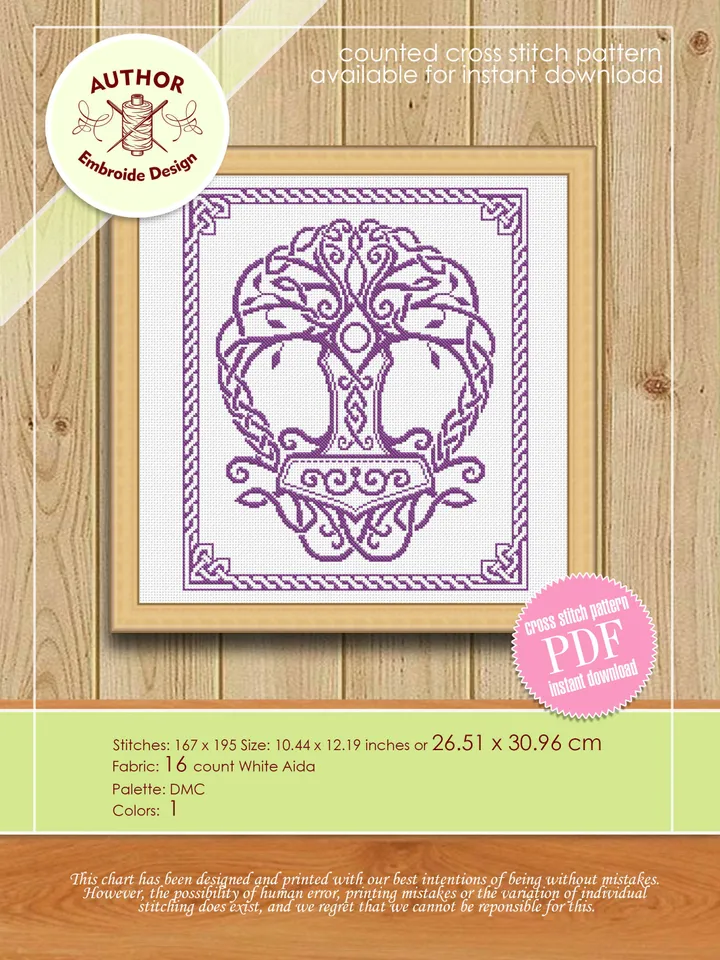 Thor hammer cross stitch pattern download PDF Celtic knot cross stitch chart, Tree of life cross stitch, Modern mandala pattern digital #M41