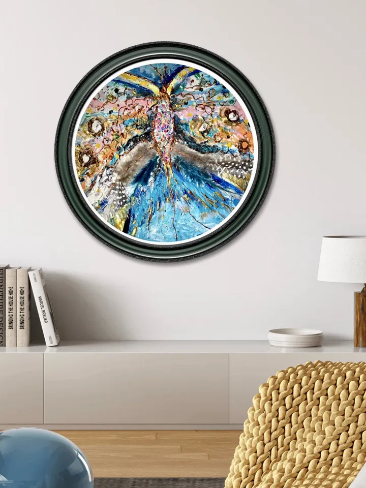 Abstract butterfly mix media painting on round canvas,original artwork,oil,acrylic feathers and beads decorated,unique home decoration ,gift