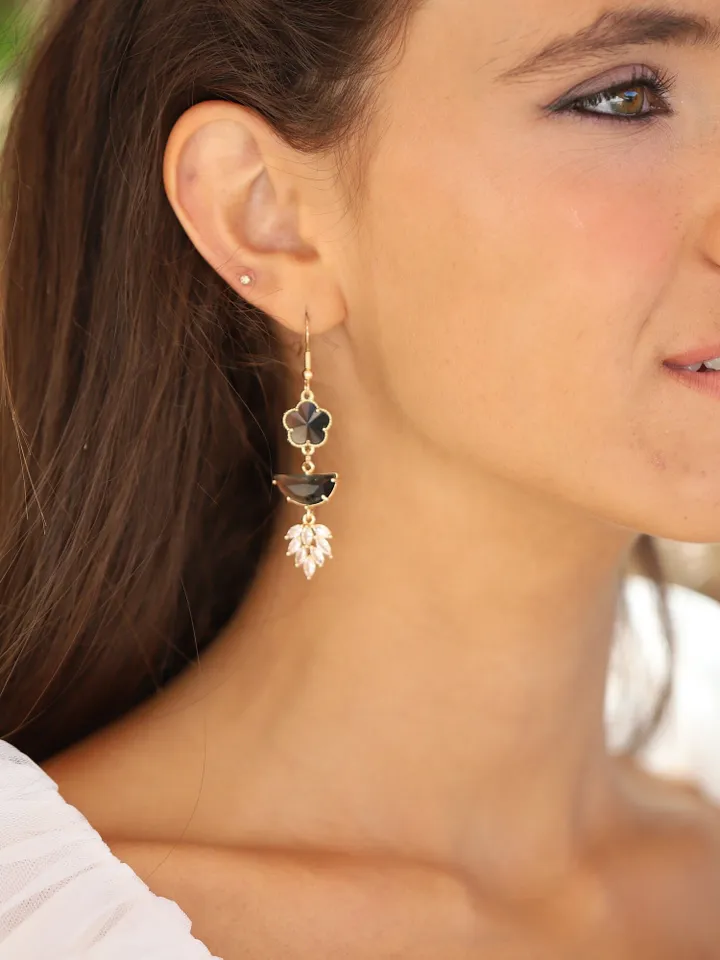 Art Deco Gold Black Wedding Earrings, Boho Bridal Earrings, Swarovski Crystal Chandelier Statement Flower Wedding Earrings, Wedding Jewelry