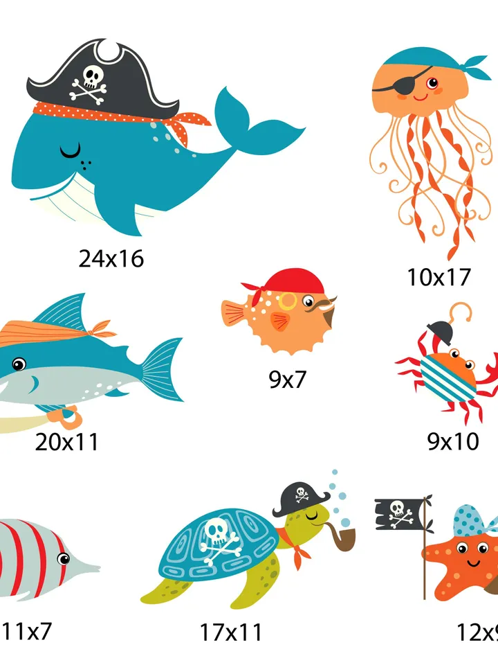Pirate fish Wall Decal Ocean Sea Underwater Bathroom Kids Stickers el9