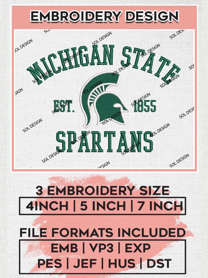 Michigan State Spartans Est 1855 Logo Embroidery Designs, NCAA Michigan State Spartans Team Embroidery, NCAA Team Logo, 3 sizes, Machine embroidery Files, Digital Download