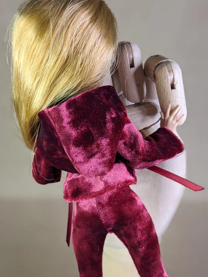 Handmade burgundy velvet hoodie & leggings set for 10.5 inch female dolls