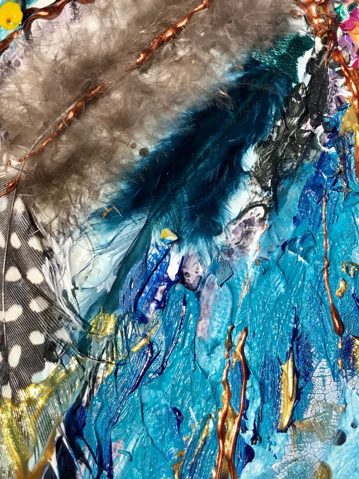 Abstract butterfly mix media painting on round canvas,original artwork,oil,acrylic feathers and beads decorated,unique home decoration ,gift