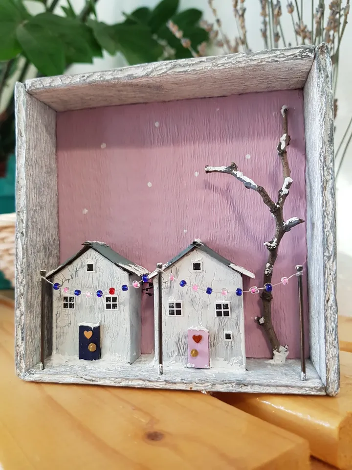 Miniature Christmas Houses Shadow Box 3D painting