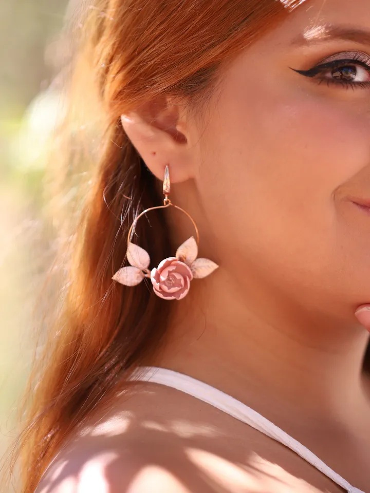 Boho Wedding Earrings, Silver, Rose Gold Hoop Flower Bridal Earrings, Floral Statement Wedding Jewelry Set, Bohemian Bride Jewellery, Gift