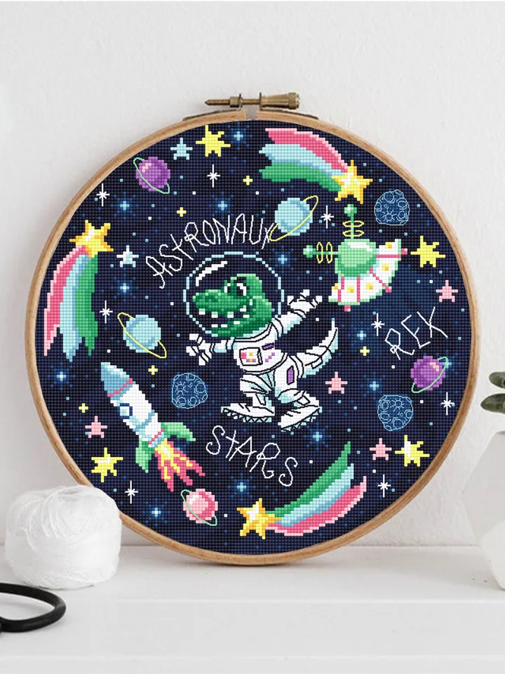 Space dinosaur cross stitch pattern PDF download Funny tyrannosaurus rex in space cross stitch chart, Astronaut dinosaur embroidery PDF #K58