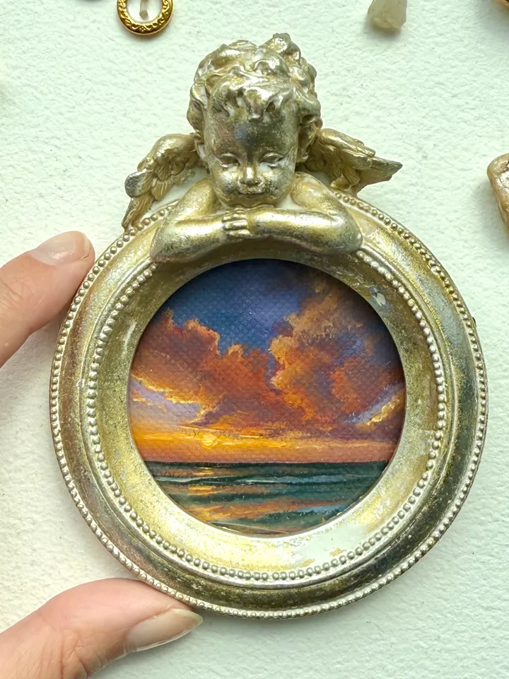 Small Landscape Oil Painting Framed Original Colorful Pink Clouds Antique Ocean Art Coastal Antique Frame Tiny Paintings 4 x 4 Art Victorian artwork