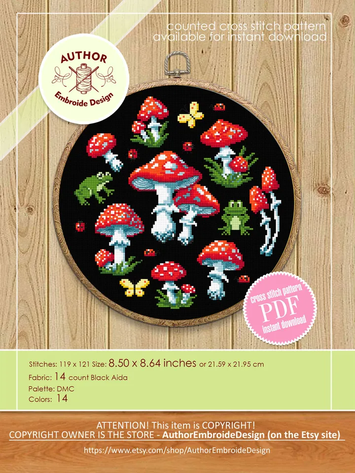 Mushroom sampler cross stitch pattern PDF download Amanita mushroom cross stitch chart, Mini frog cross stitch Mushroom pattern digital #L76