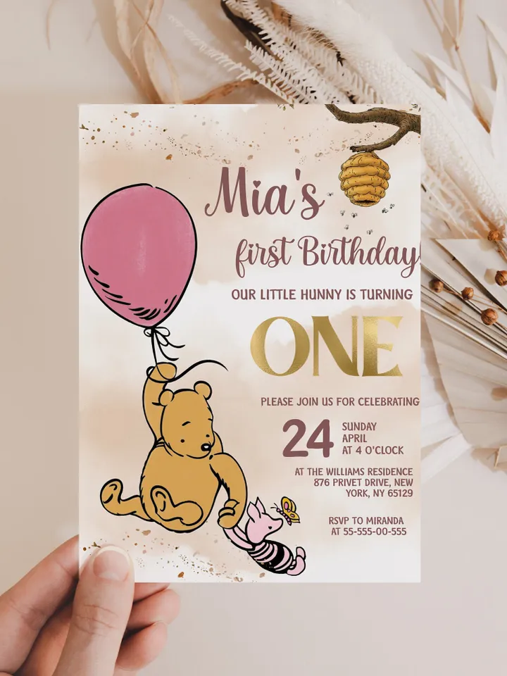 Classic Winnie Pooh Baby Birthday Invitation; Winnie Pooh Baby Birthday ; Pink Baby Birthday; Honey Bear Birthday; Winnie Pooh wp6