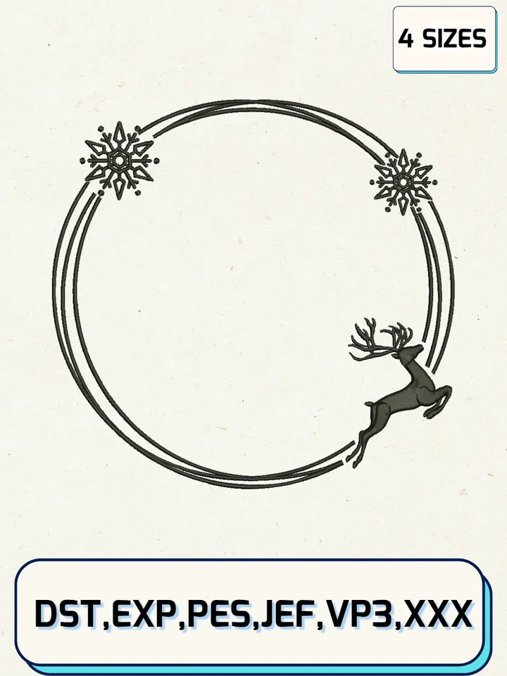 Circular Simple Frame With Snowflake And Reindeer Embroidery Designs,Christmas Embroidery Designs,Machine Embroidery Files,4 Sizes