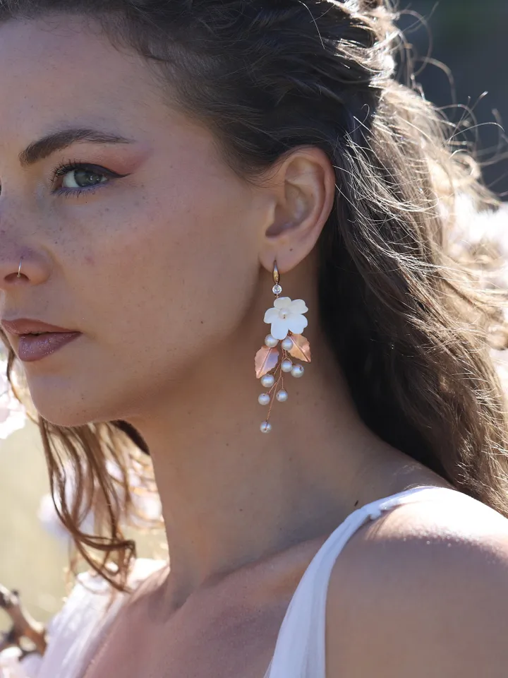 Polymer Clay Flower Boho Wedding Earrings, Rose Gold Leaf Chandelier Bridal Earrings, Pearl Statement Wedding Earrings, Statement Jewelry
