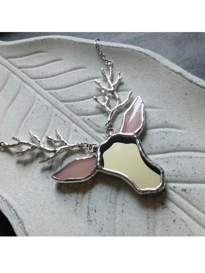Deer antler jewelry, Deer head necklace, Noel, Yule jewelry. Christmas deer, stag head pendant