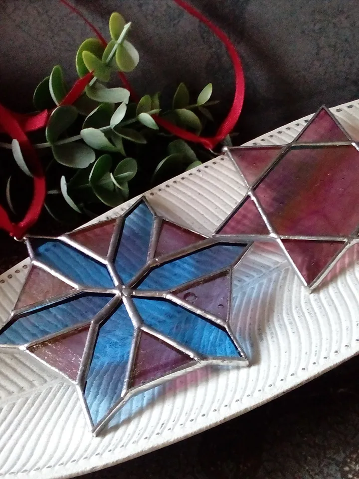 Set of 2 snowflake suncatchers, christmas ornaments, simple stained glass, Christmas decorations, Xmas tree star