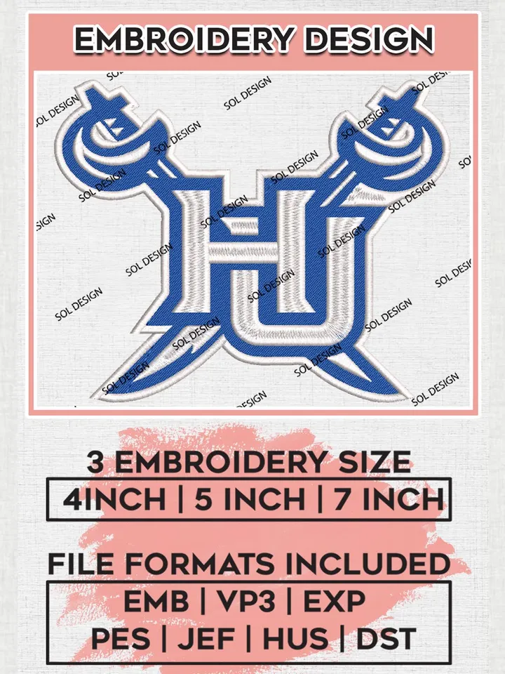 NCAA HU Pirates College Team Logo Embroidery Design Files, NCAA Hampton Pirates Machine Embroidery, NCAA Teams, 3 sizes, NCAA Machine embroidery designs, Digital Download
