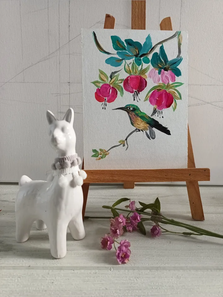 Painting "Hummingbird and fuchsia flowers."/acrylic painting, cardboard 6x8". Author's handmade.
