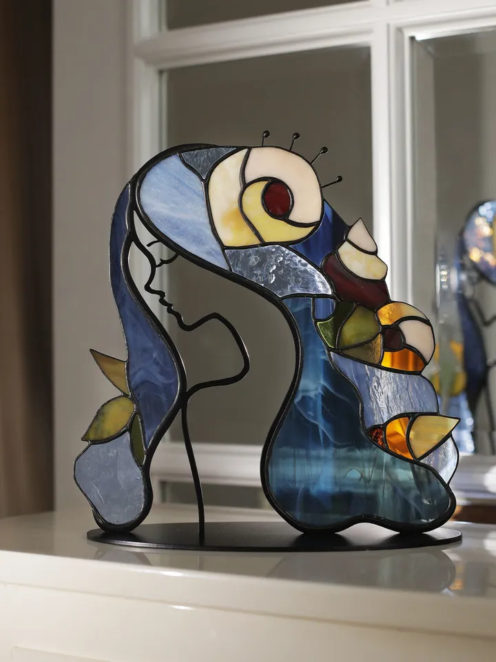 Stained Glass: Girl with Sea Shells,Tiffany Technique Stained Glass, Seaside Stained Glass with a Girl