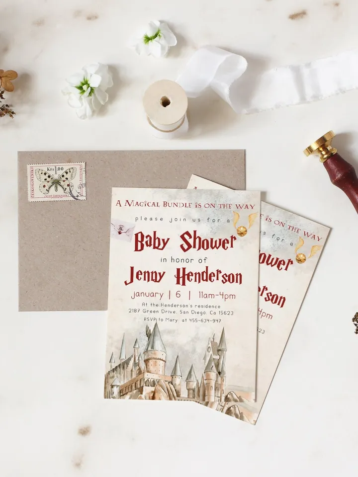Wizard Baby Shower Invitation; Magic School Baby Schower Invite template; A Magical Bundle on the Way; Magic School Invite editable canva